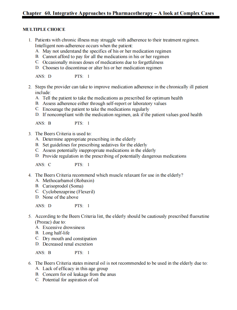 Test Bank Pharmacotherapeutics for Advanced Practice: A Practical Approach 5th Edition