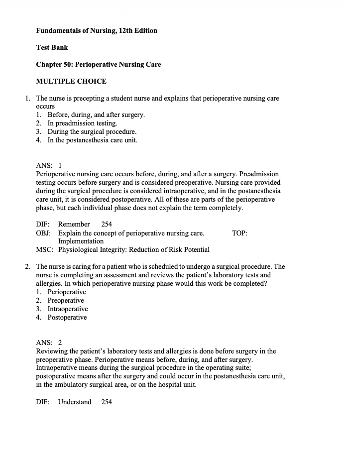 Test Bank Fundamentals of Nursing 12th Edition by Potter & Perry