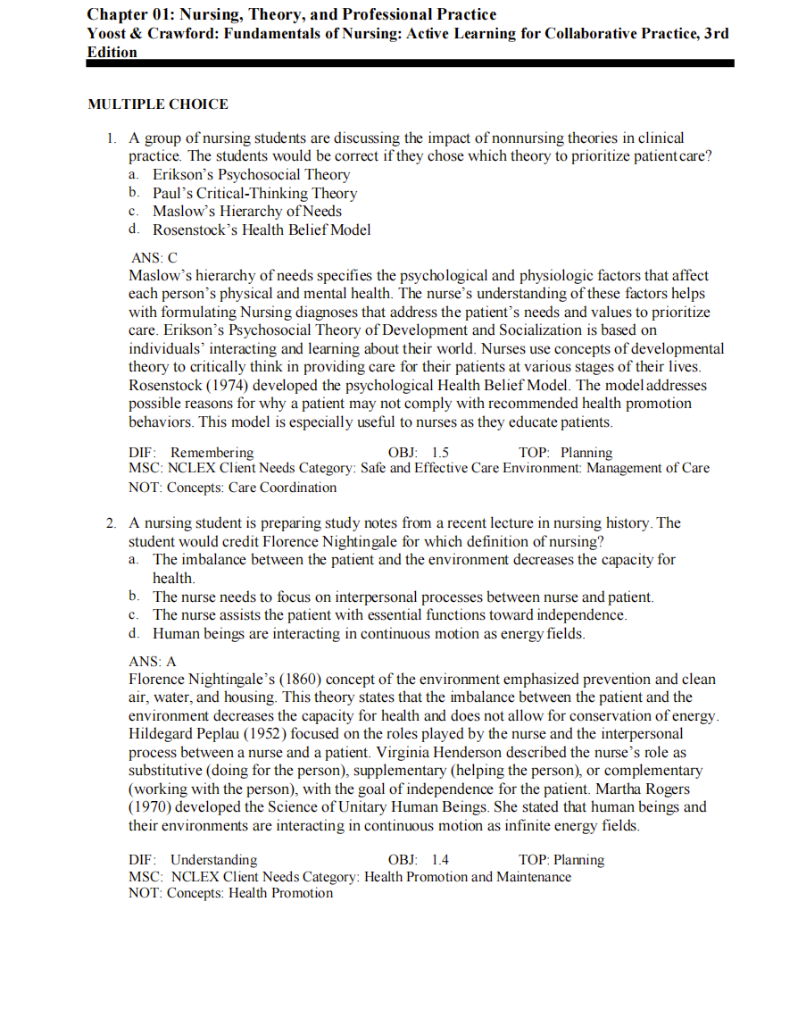 Test Bank Fundamentals of Nursing: Active Learning for Collaborative Practice 3rd Edition