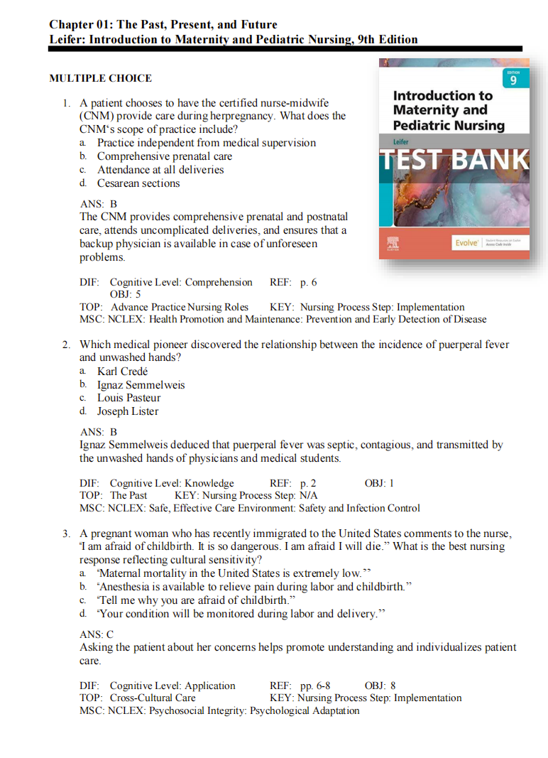 Test Bank Introduction to Maternity and Pediatric Nursing 9th Edition