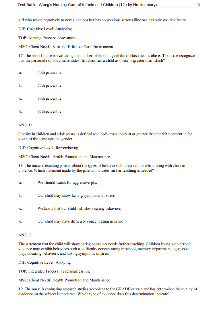 Test Bank Wong's Nursing Care of Infants and Children 12th Edition by Hockenberry