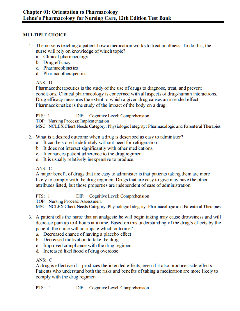 Test Bank Lehne’s Pharmacology for Nursing Care 12th Edition