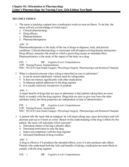 Test Bank Lehne’s Pharmacology for Nursing Care 12th Edition