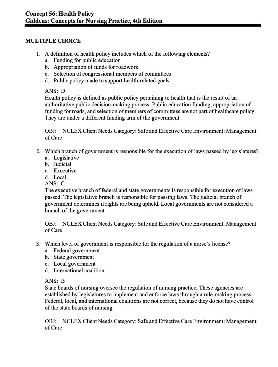 Test Bank Concepts for Nursing Practice 4th Edition by Giddens