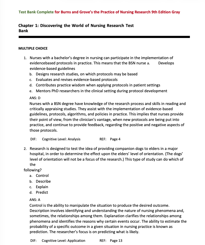 Test Bank Burns and Grove's The Practice of Nursing Research 9th Edition