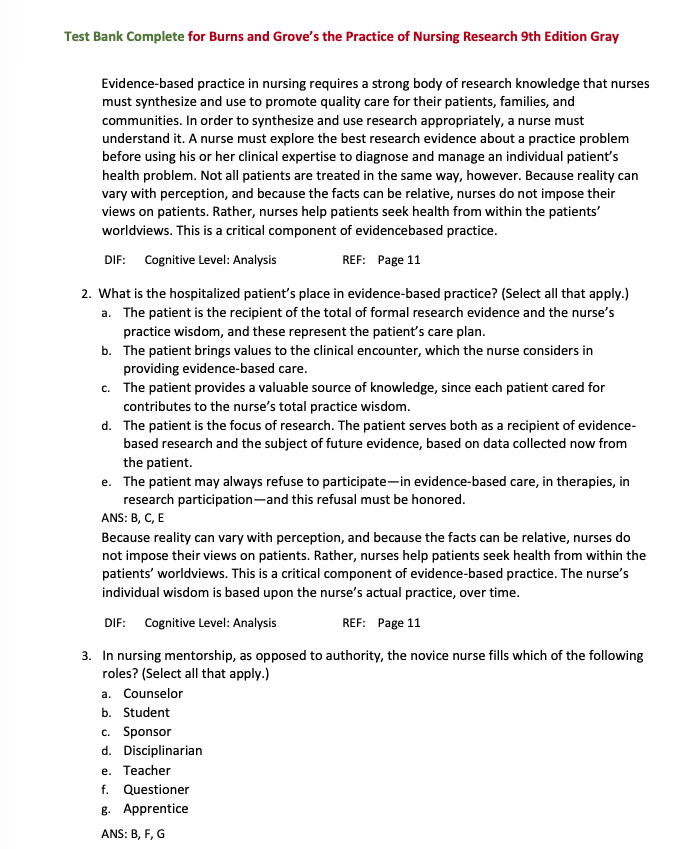 Test Bank Burns and Grove's The Practice of Nursing Research 9th Edition