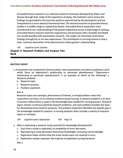 Test Bank Burns and Grove's The Practice of Nursing Research 9th Edition