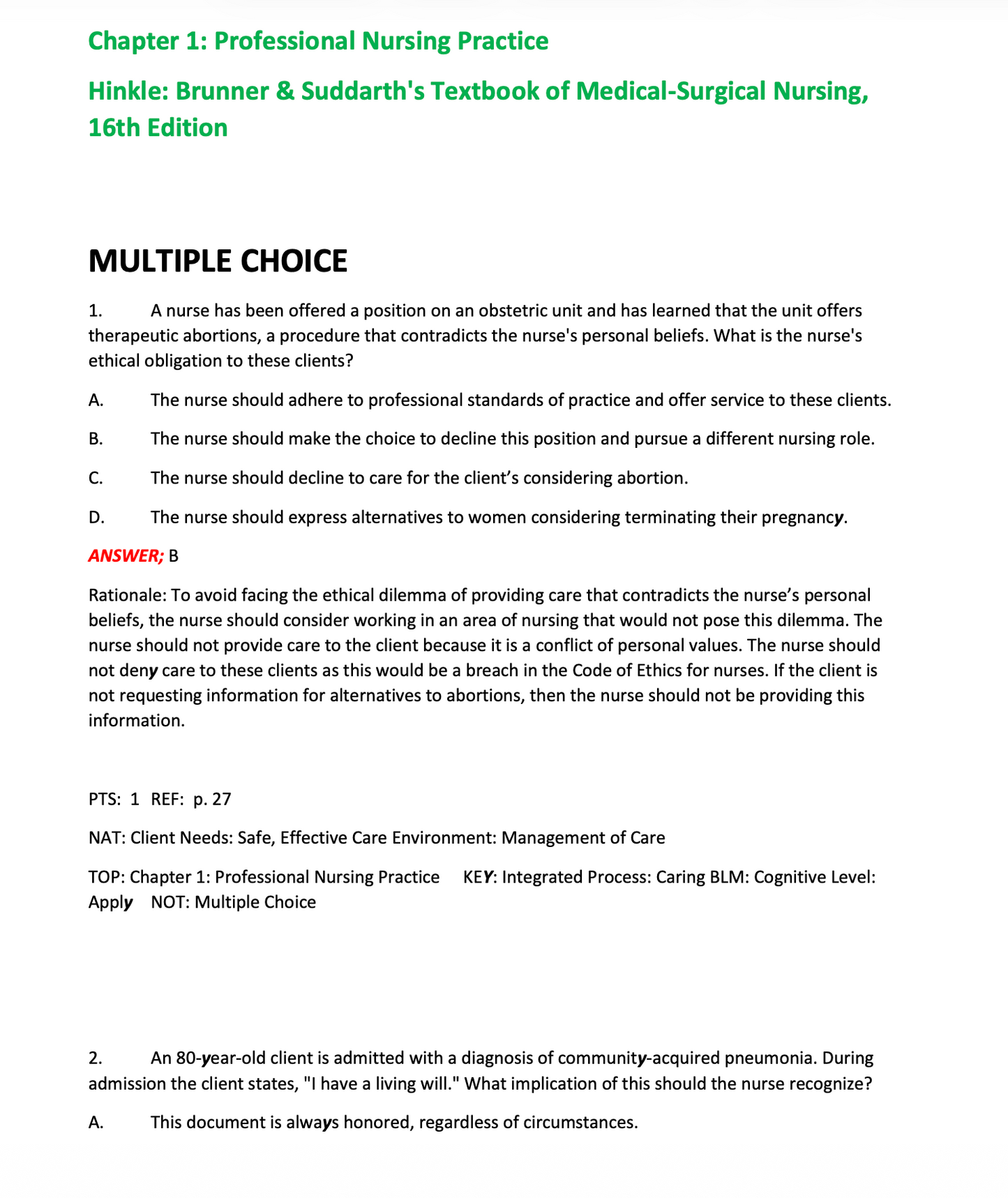Test Bank Brunner & Suddarth's Medical-Surgical Nursing 16th Edition by Hinkle