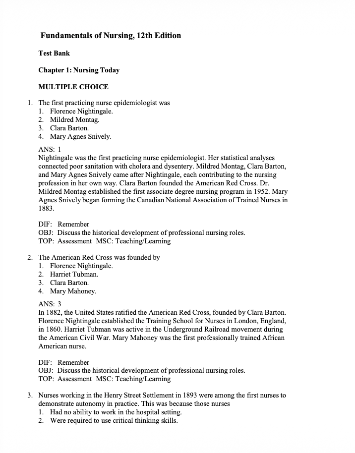 Test Bank Fundamentals of Nursing 12th Edition by Potter & Perry