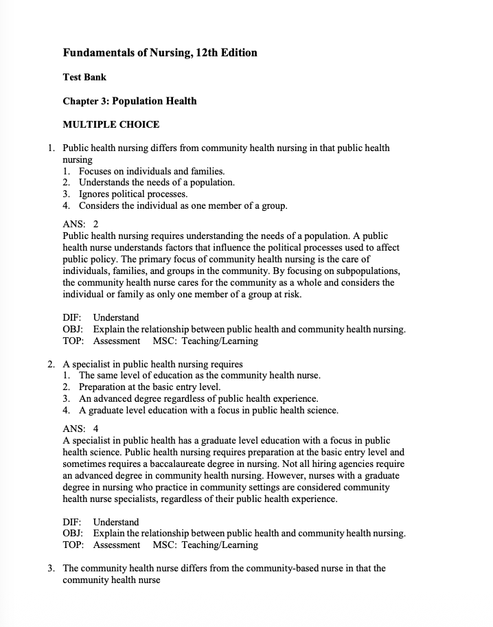 Test Bank Fundamentals of Nursing 12th Edition by Potter & Perry