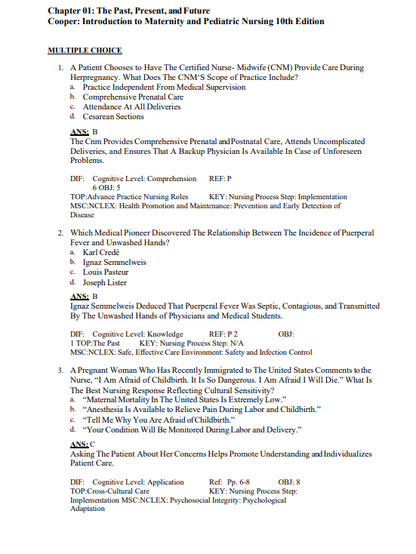 Test Bank Leifer’s Introduction to Maternity and Pediatric Nursing 10th
