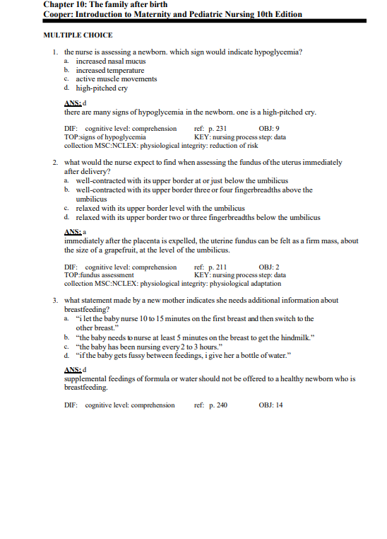 Test Bank Leifer’s Introduction to Maternity and Pediatric Nursing 10th