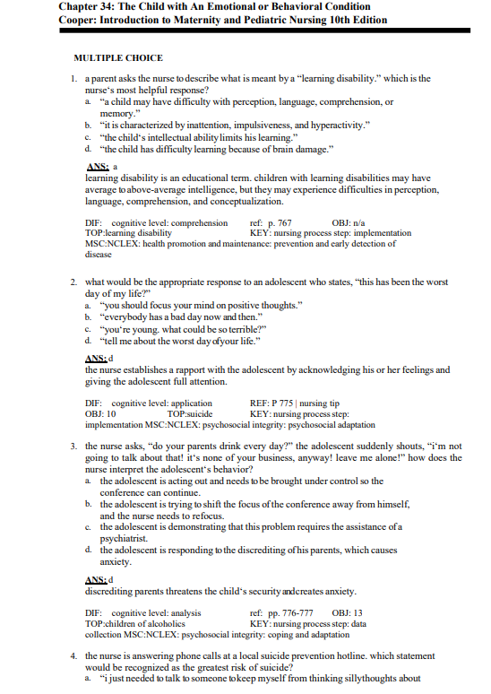 Test Bank Leifer’s Introduction to Maternity and Pediatric Nursing 10th