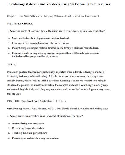 Test Bank Introductory Maternity and Pediatric Nursing 5th by Hatfield