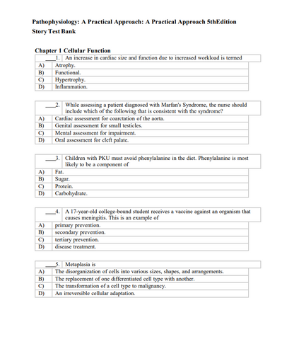 Test Bank Pathophysiology: A Practical Approach: A Practical Approach 5th by Lachel Story