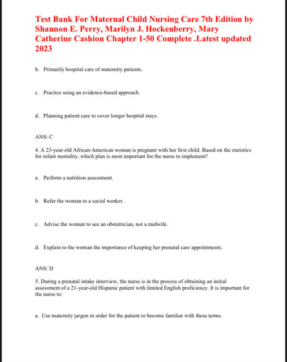 Test Bank Maternal Child Nursing Care 7th by Perry