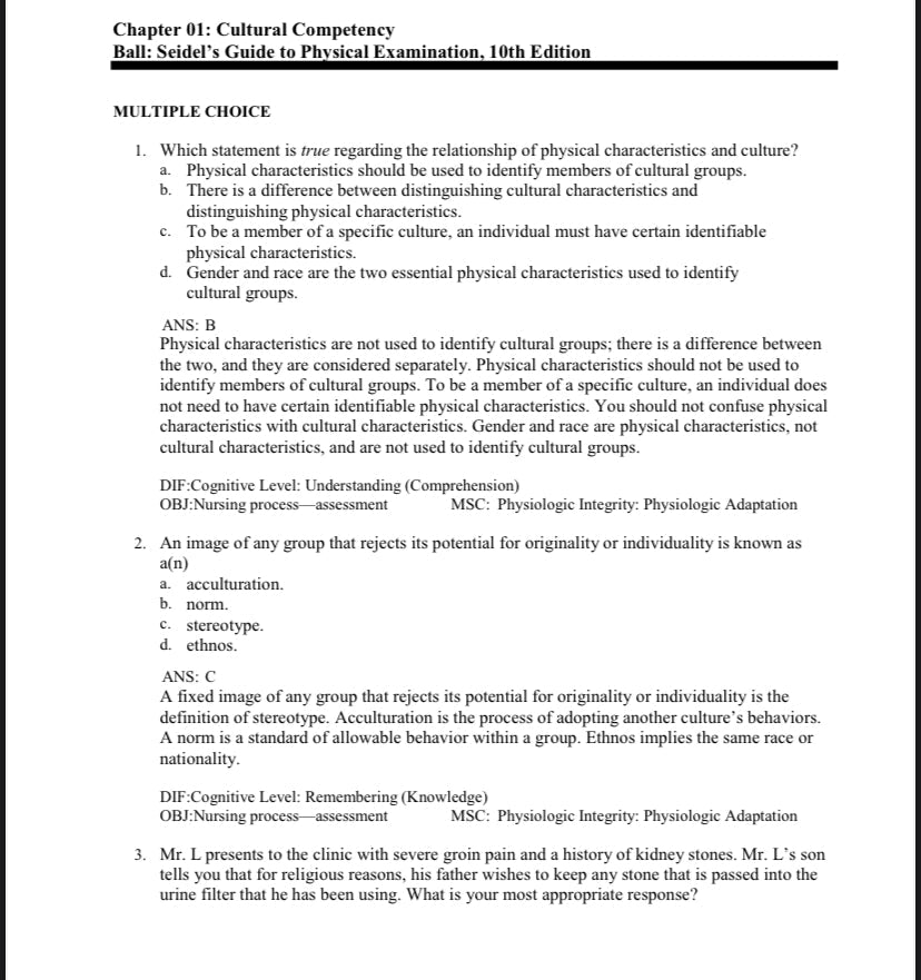 Seidel's Guide to Physical Examination An Interprofessional Approach 10th Edition Test Bank  by Ball