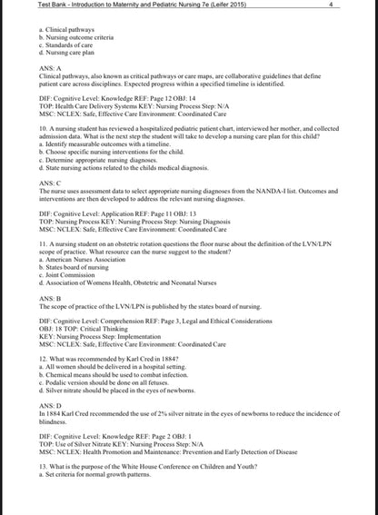 Introduction to Maternity and Pediatric Nursing 7th edition Test Bank by Leifer